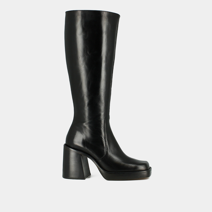 Bottes hautes à talons épais et bouts carrés  en cuir noir taille mollet M