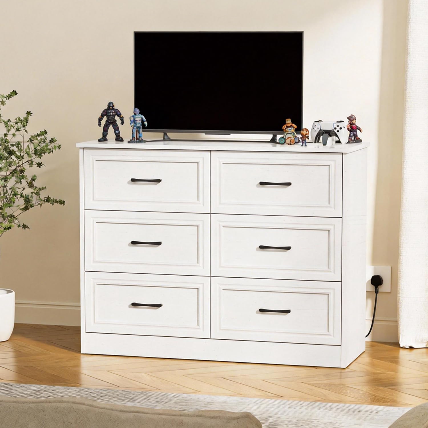 Kommode mit Steckdosen, Komode mit 6 schubladen, 2 USB & 2 AC-Anschlüssen, Komodenschrank Holz, für Schlafzimmer, Wohnzimmer, Flur, 106 x 81.5 x 39 cm, Weiß