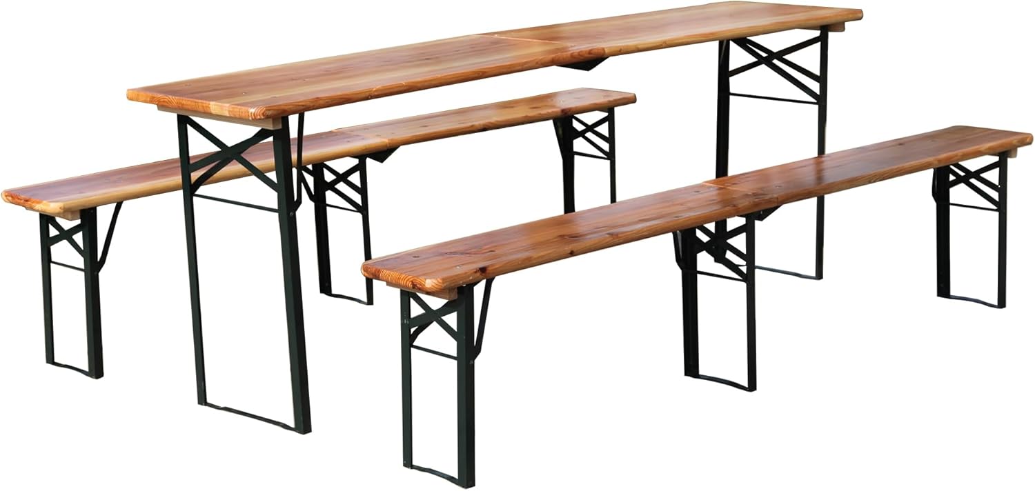 Faltbare Bierzeltgarnitur 220 cm, 3 teilig mit 1 Klapptisch & 2 Bierbänken, wetterfeste Massive Kiefer, verstärkter Metallrahmen, bis 200 kg belastbar, Festzeltgarnitur für Garten & Camping