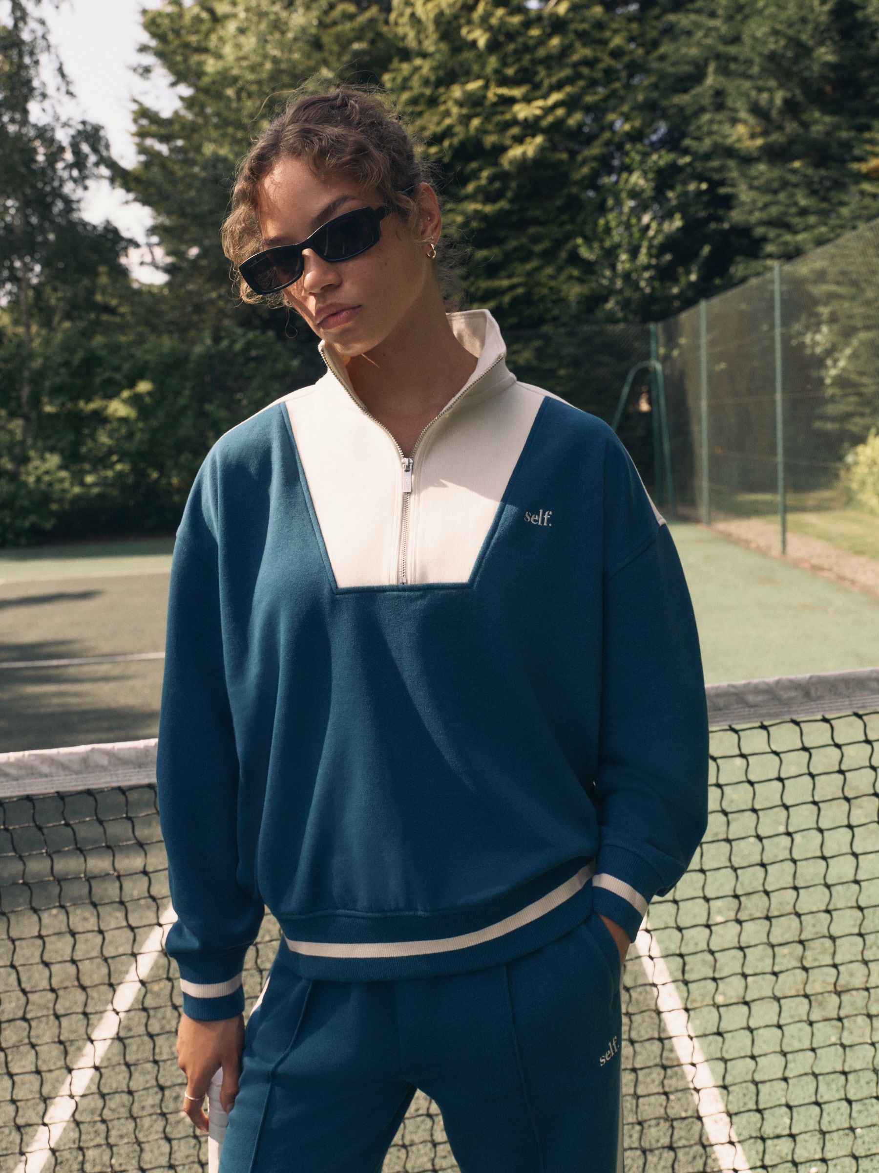 Blauwgroen - Sweatshirt met korte rits