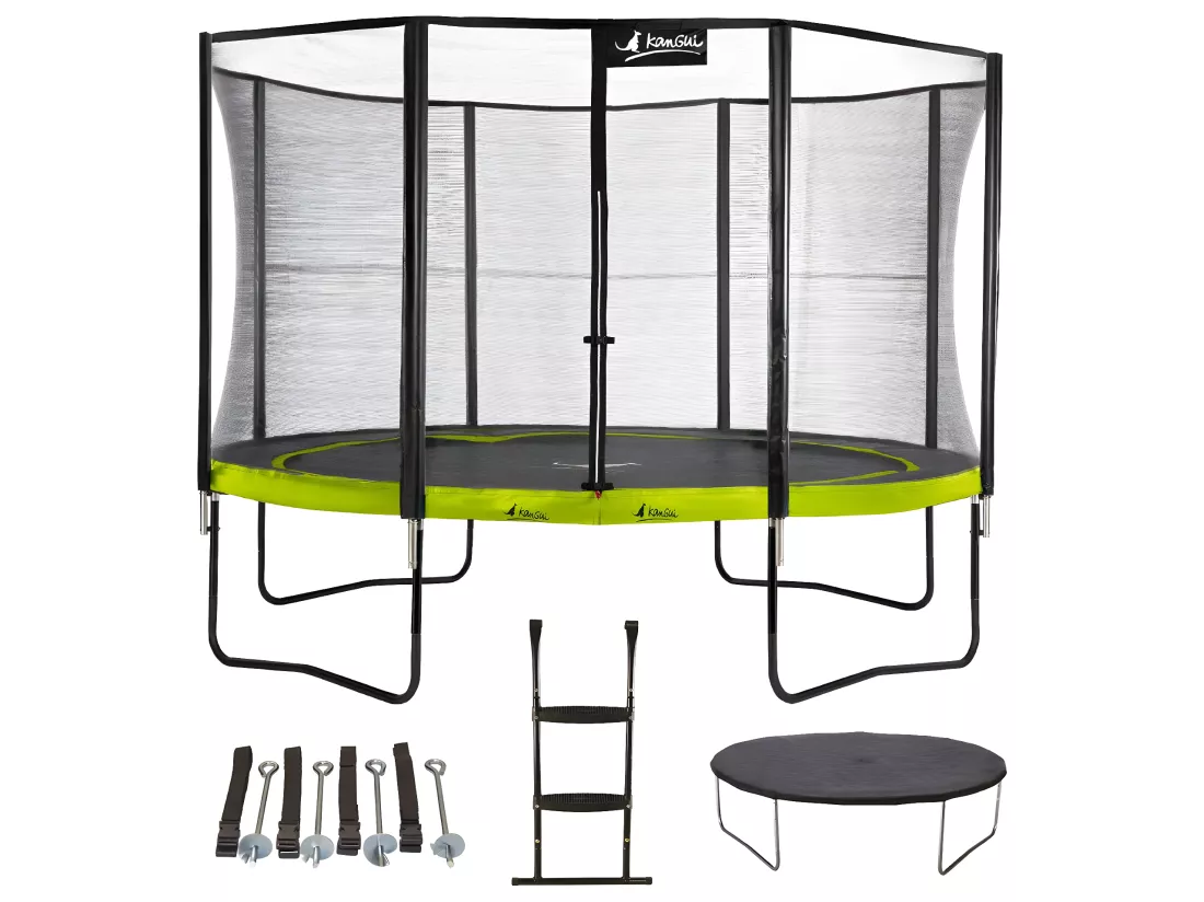 Kangui - Trampoline de jardin rond 430 cm + filet + échelle + bâche + kit ancrage | PUNCHI Vert 430