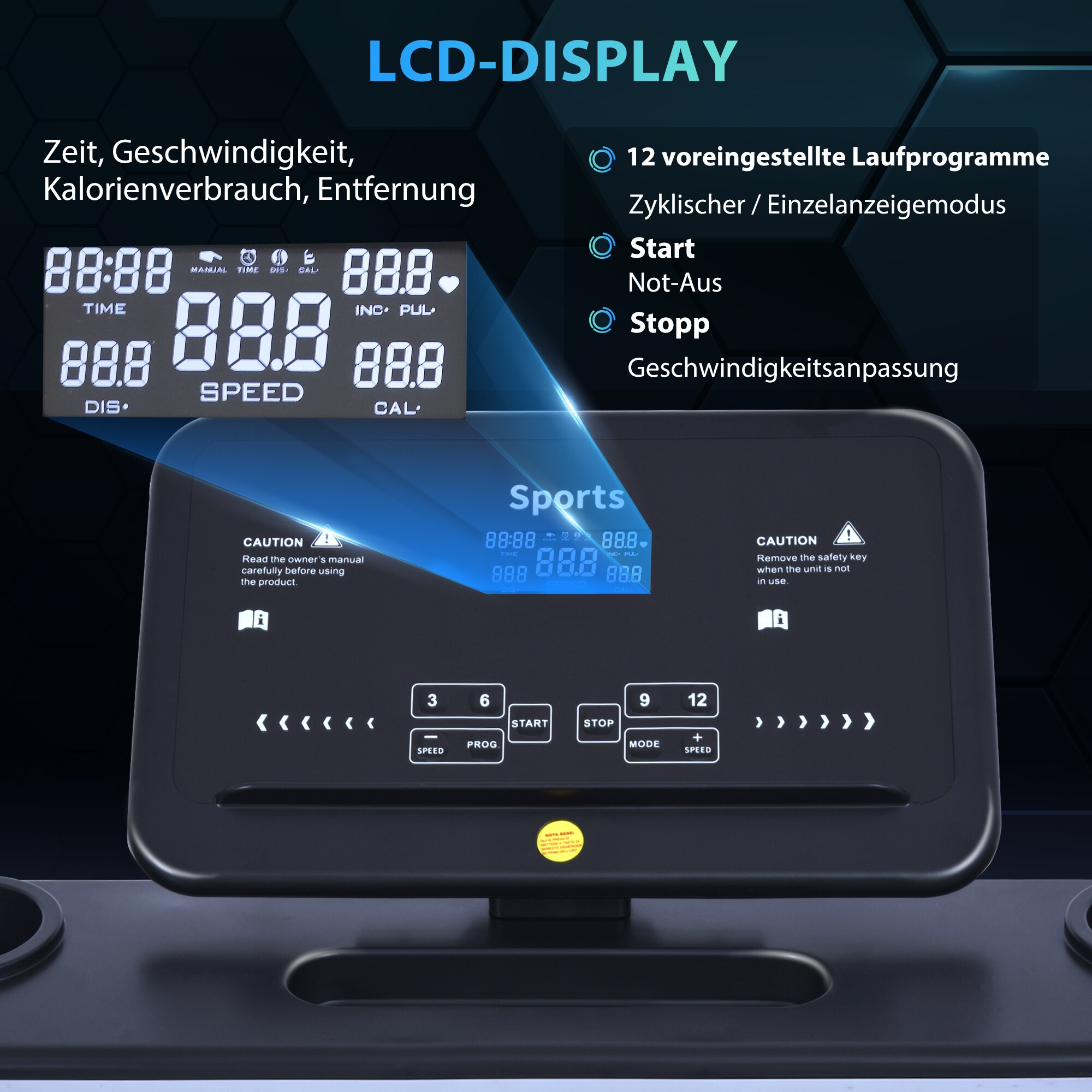 HOMCOM Laufband mit breitem LCD Display, Flaschenhalterung und Handyhalterung schwarz 71L x 128B x 122H cm