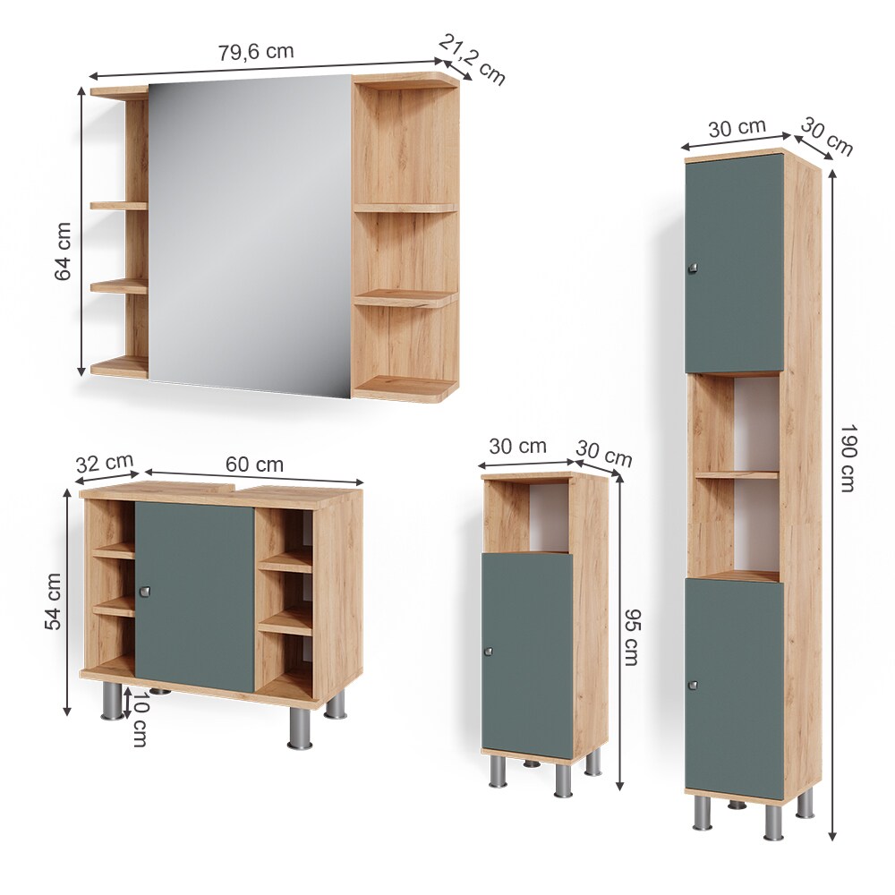 Vicco Badmöbelset Spiegelschrank Hochschrank Midischrank Fynn Eiche Grün