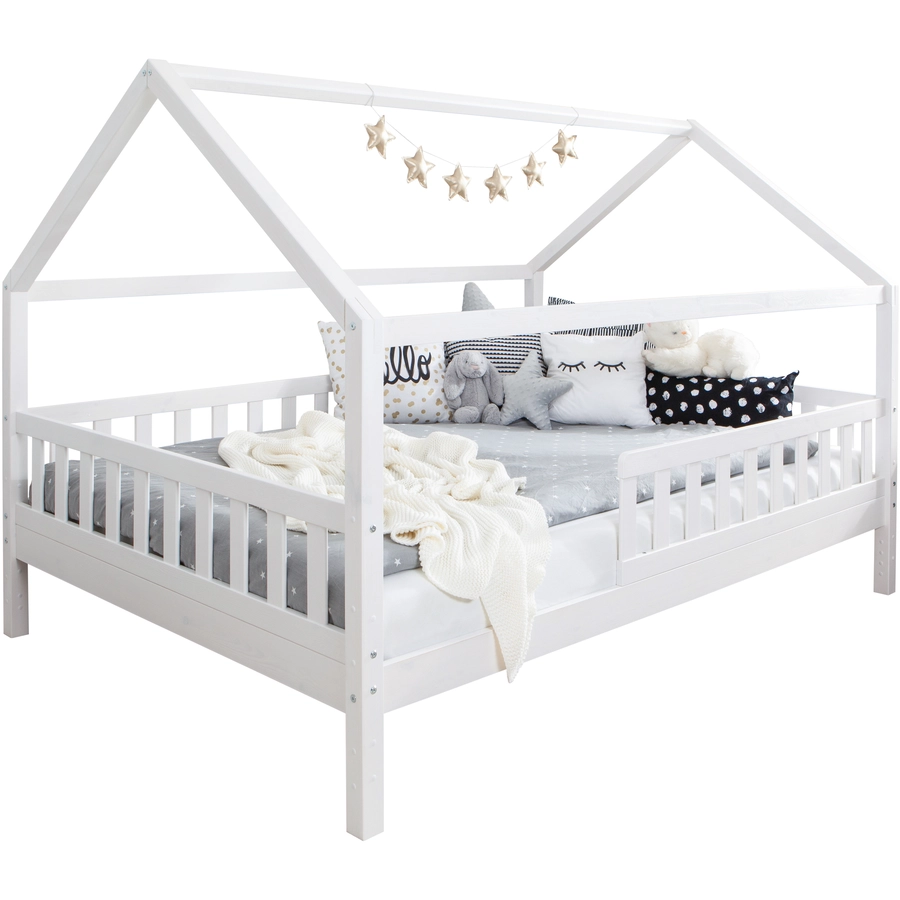 TICAA Kinderbett Hausbett Kay 140x200 Kiefer weiß Weiß