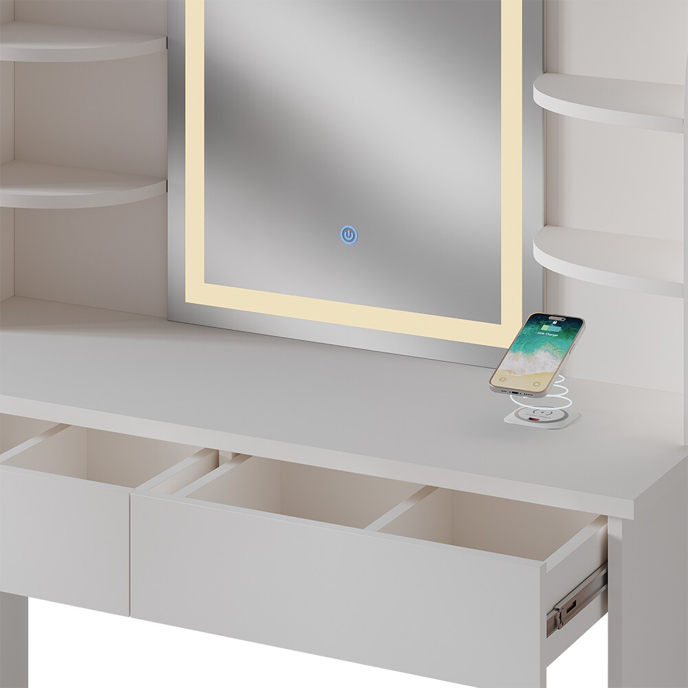 Vicco Schminktisch Charlotte Weiß 106 cm mit LED-Spiegel und QI-Ladestation