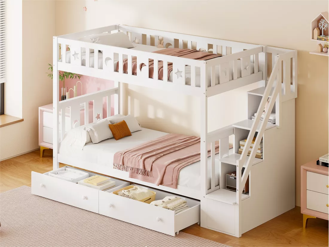 Lit superposé enfant 90x200 cm - en bois massif - avec escalier de rangement et 2 tiroirs - Blanc