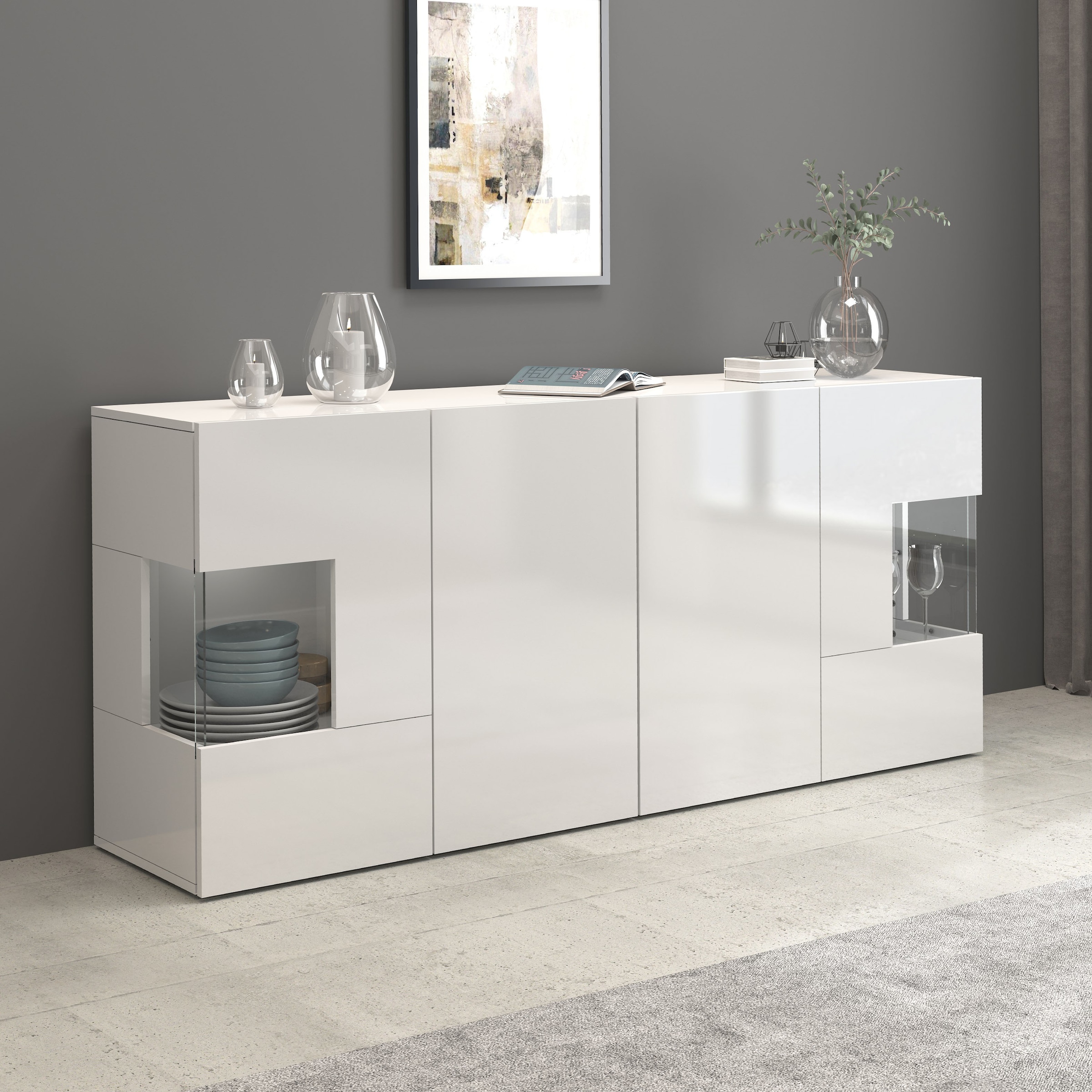 INOSIGN Sideboard »Egypt, Kommode, Schrank, Kredenz, Vitrine grifflos« 4 Türen davon 2 mit Glaseinsatz, kompl. Hochglanz lackiert, Breite 180