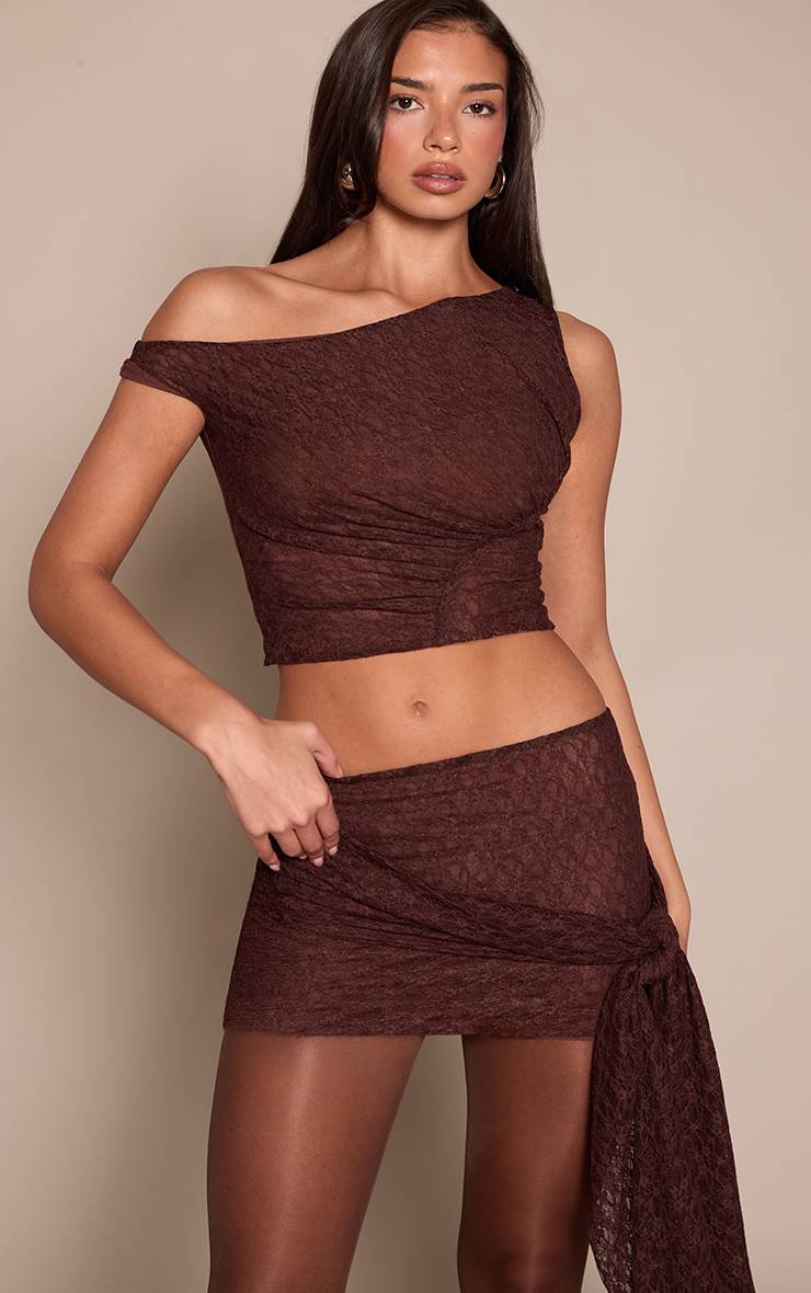 Chocolat Ensemble Jupe Mini Drapée À Nœud En Dentelle