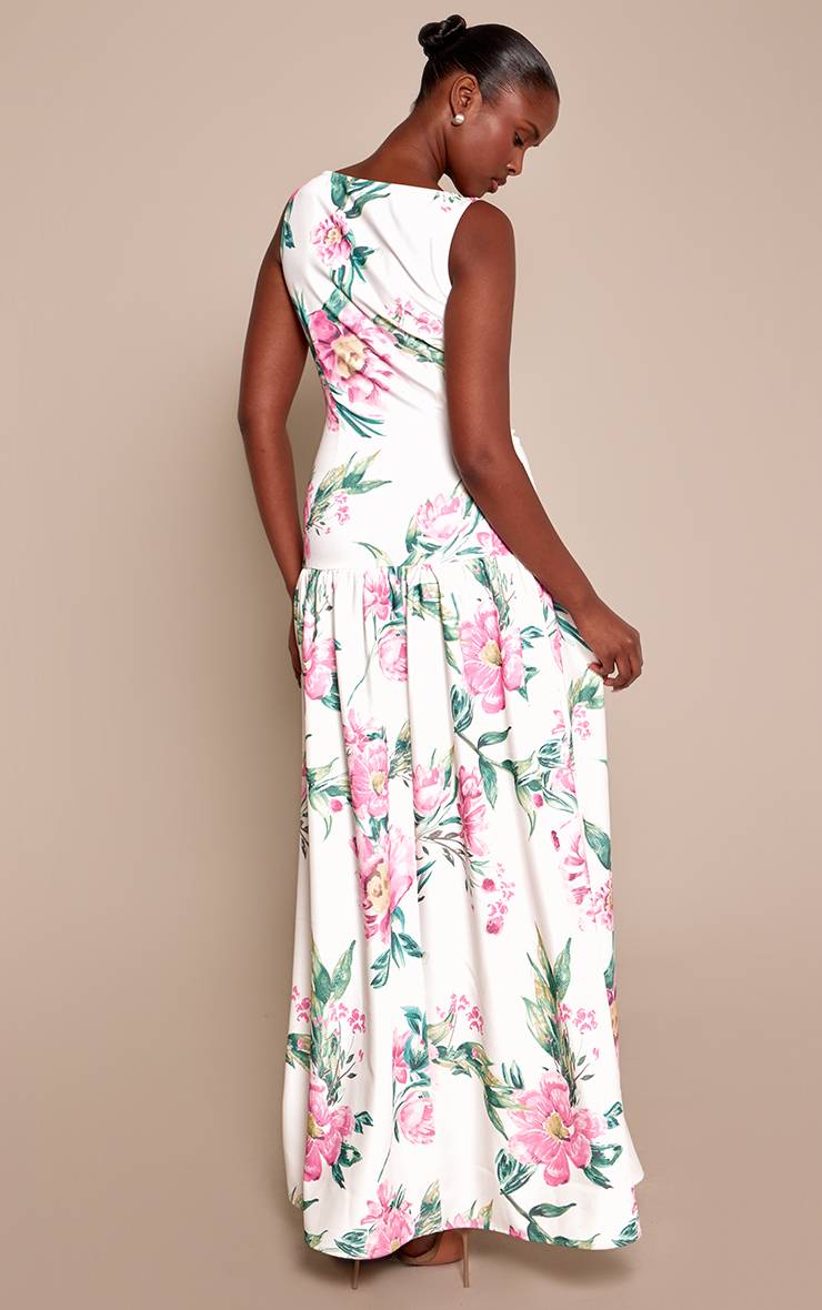 Cream Floral Robe Maxi À Taille Basse Avec Boutons En Tissu Tissé