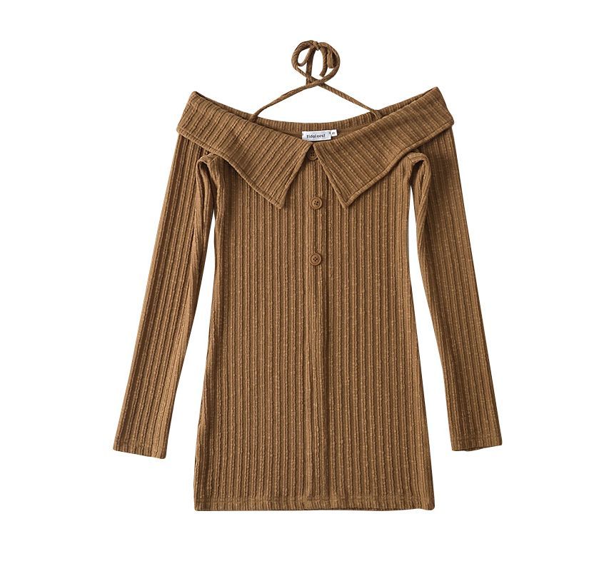 BERAN STUDIO - Lange mouw off-shoulder effen mini gebreide manteljurk