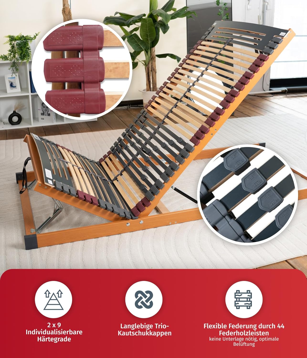 FMP Matratzenmanufaktur 7 Zonen Lattenrost Rhodos KF mit Bettkastenfunktion | 44 Leisten | Gasdruckfedern | | fertig montiert | TÜV/GS Gesichert Geprüft ID 1111212908 | 80x200 cm
