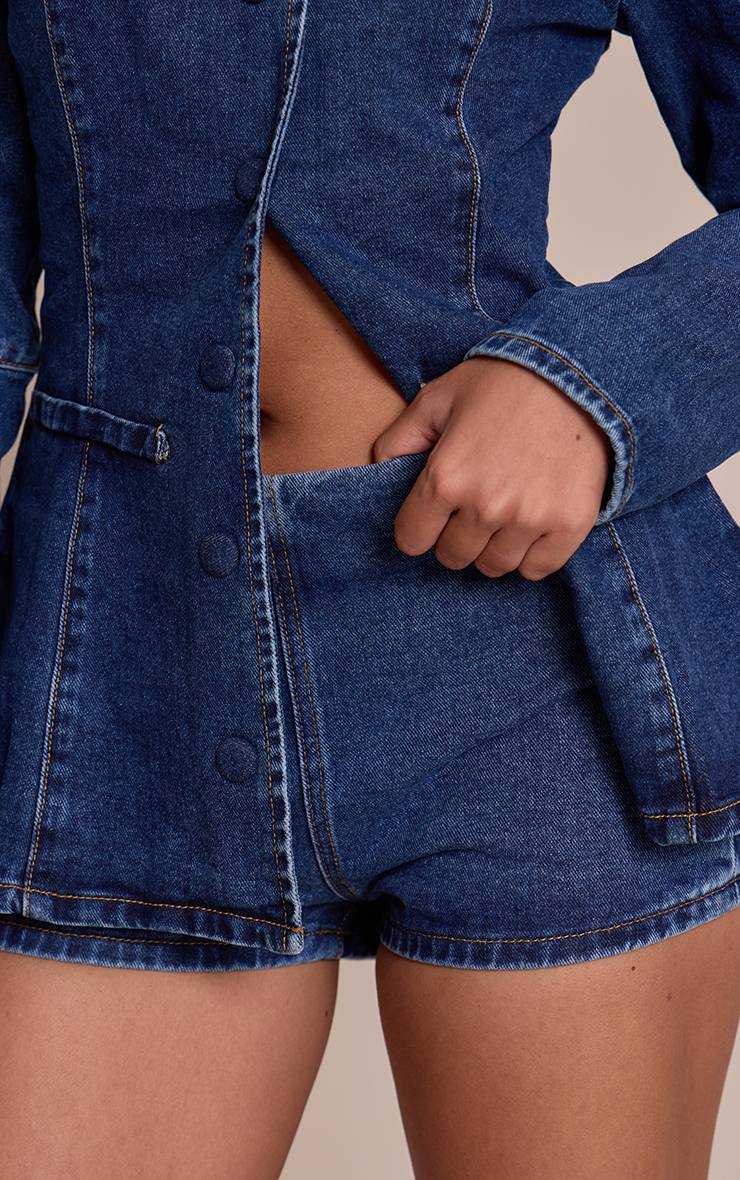 Mid Blue Wash Short En Jean Taille Haute Bleu Moyen
