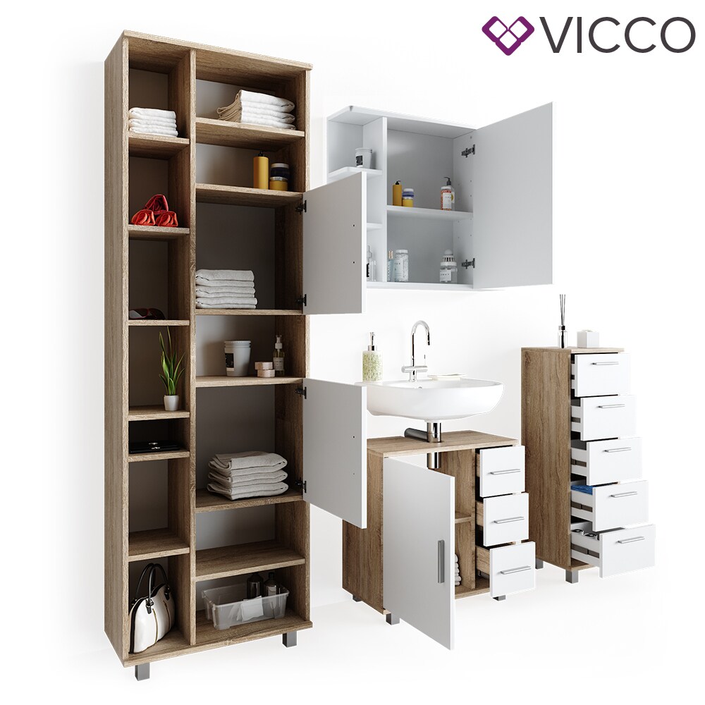 VICCO Badmöbel Set ILIAS Weiß Eiche Bad Spiegel Kommode Unterschrank Badschrank
