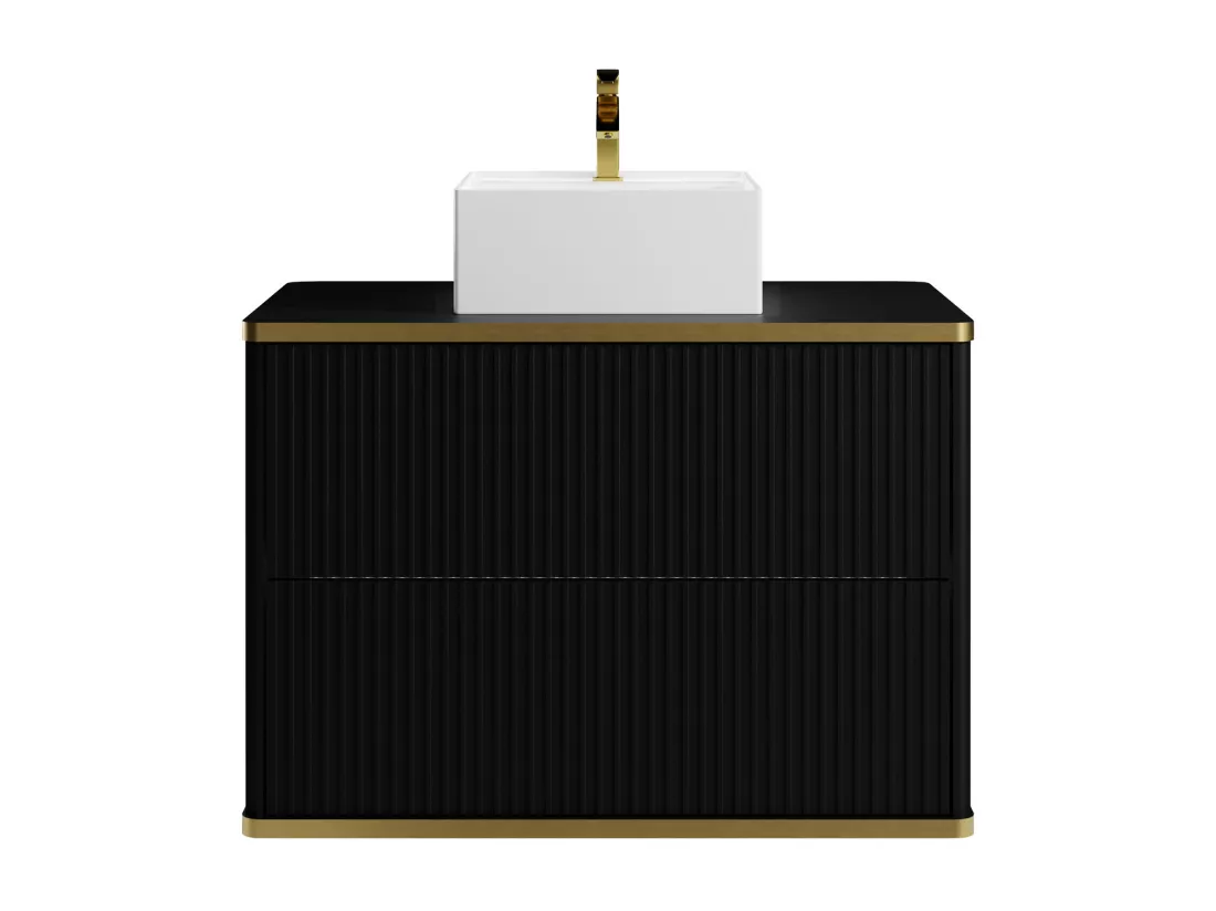 Meuble de salle de bain suspendu strié liseré doré avec vasque à poser carrée - Noir - 80 cm - KELIZA
