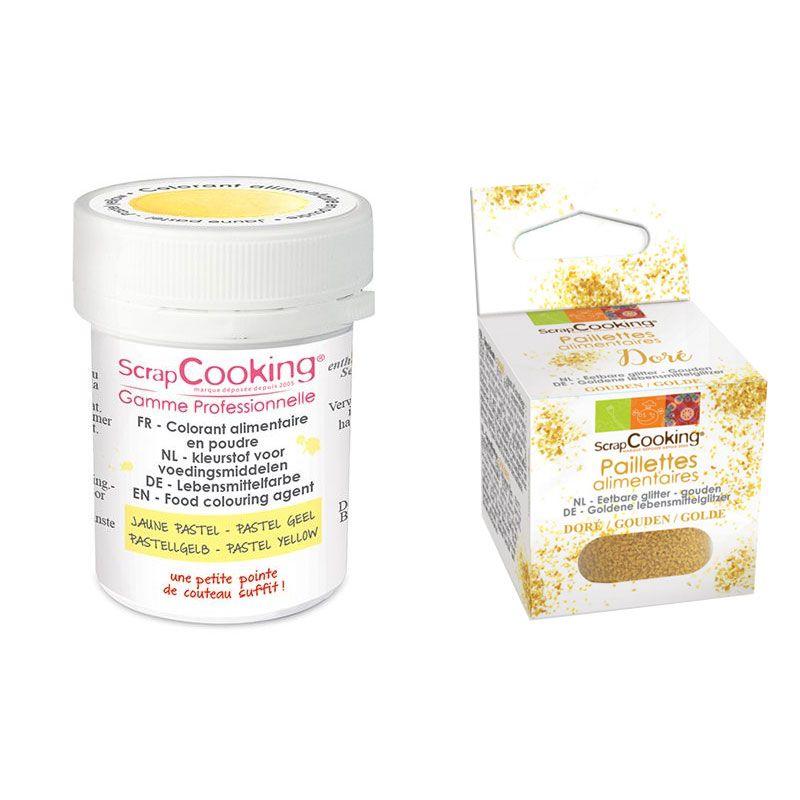 Colorant alimentaire en poudre jaune pastel + paillettes dorées Scrapc