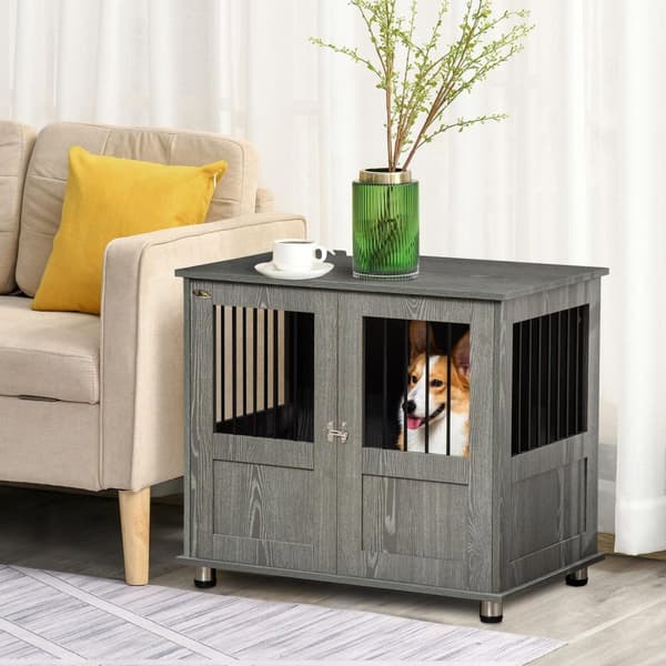 Hundebur til hjemmet, hundebur, innendørs hundekennel med lås, magnetisk dør, hundehus med vindu, hundeboks for små og mellomstore hunder, grå, 85 x 5