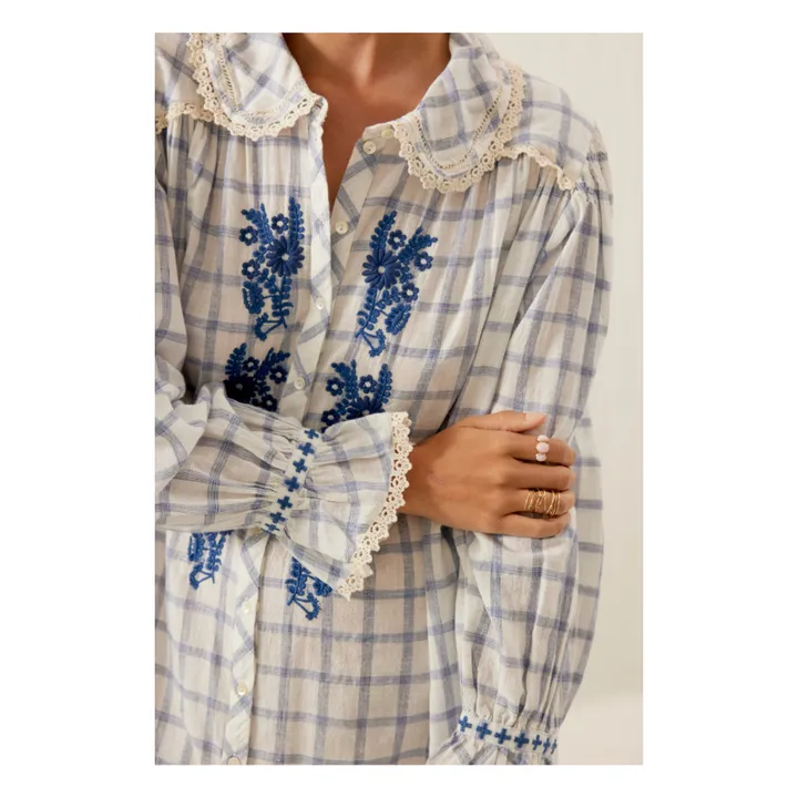 Louise Misha Robe Nilan Carreaux Coton Bio et Lin - Collection Femme | Bleu