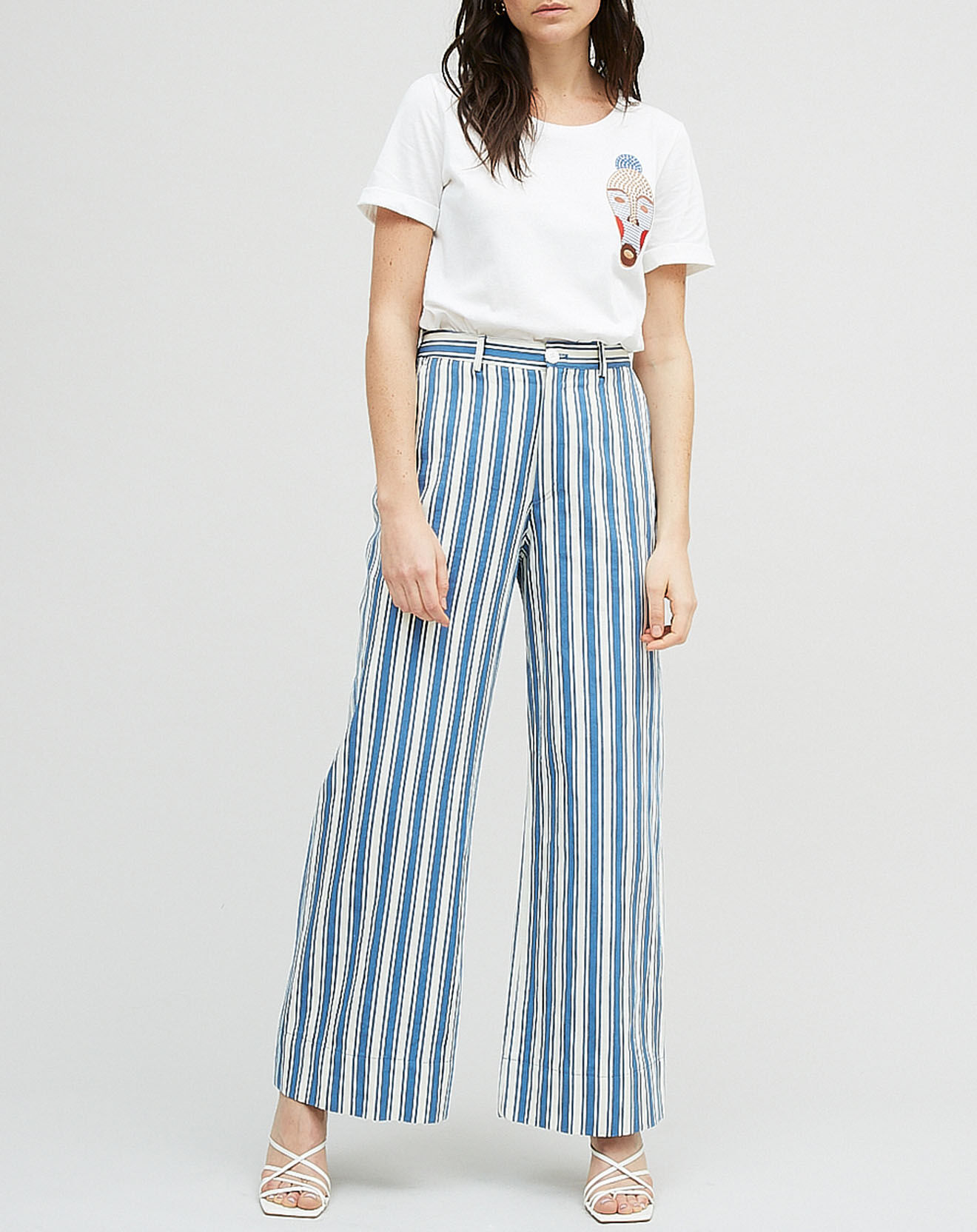 Chloé Stora Pantalon en Coton & Lin Omega à rayures bleu