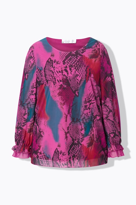 Bluse, Mesh mit Alloverdruck, weiter Langarm