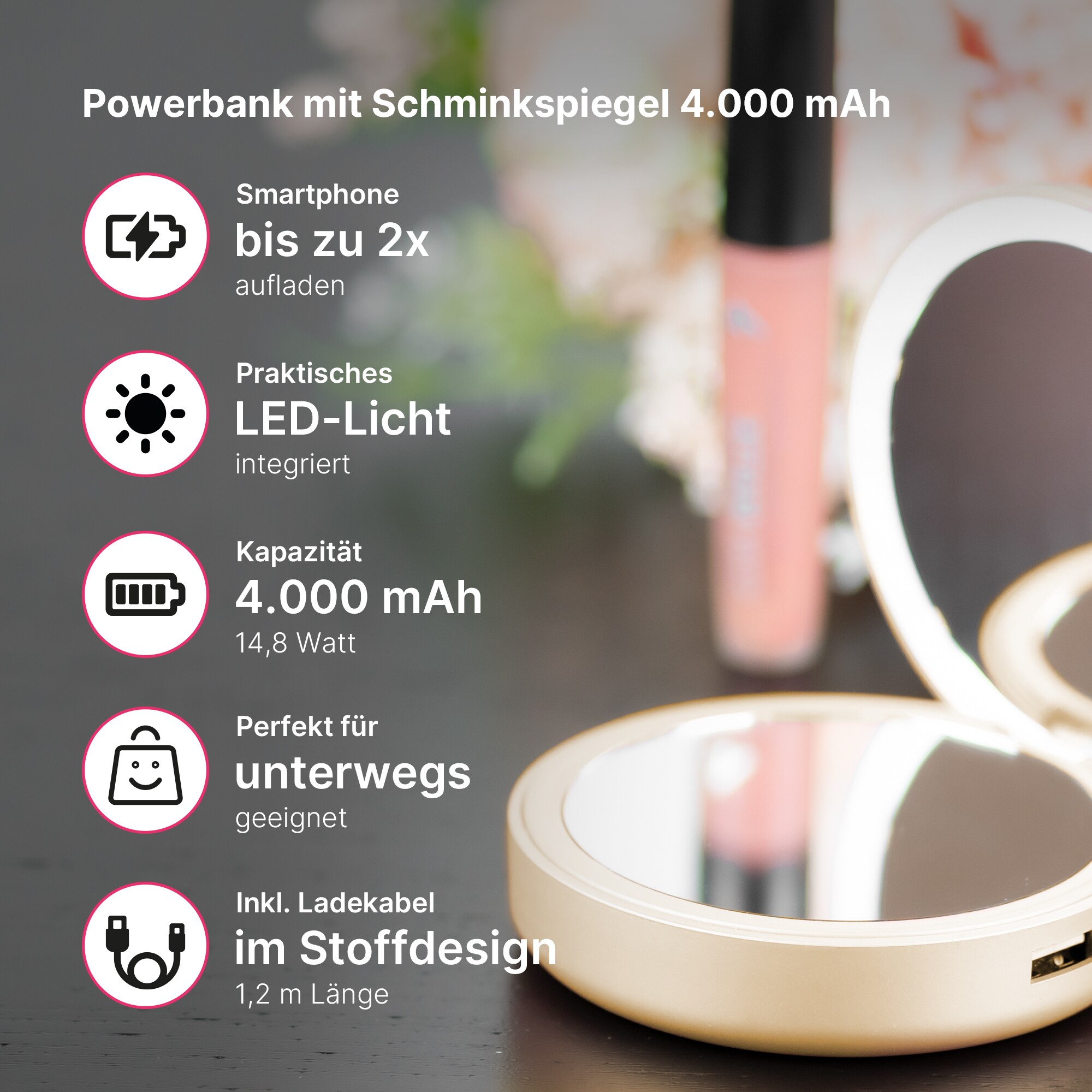 Lotta Power POWERBANKS Lotta Power Schminkspiegel Powerbank 4000mAh