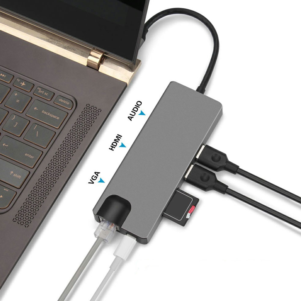 USB C 9 in 1 Multiport Adapter HUB mit USB C / 2x USB 3.0 / HDMI / VGA / RJ45 / 3.5 mm Klinke / SD   MicroSD Kartenlesegerät - Grau