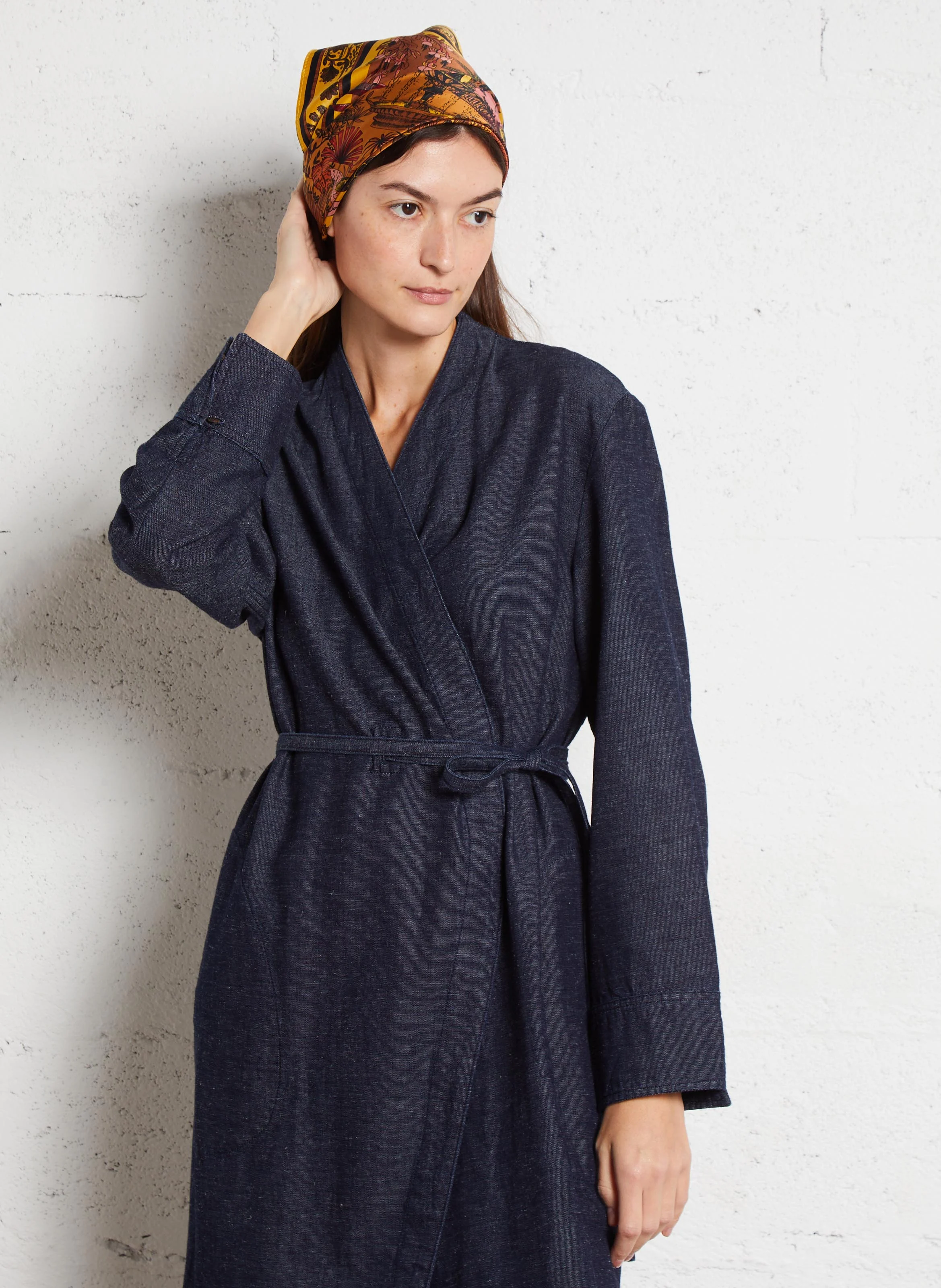 CARLA - Robe kimono col V en coton mélangé | Bleu