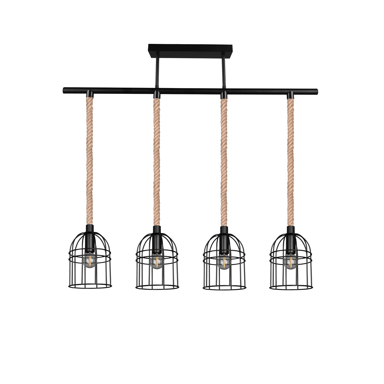 Pendelleuchte - schwarz matt-braun - Metall - Sisal - 4-flammig