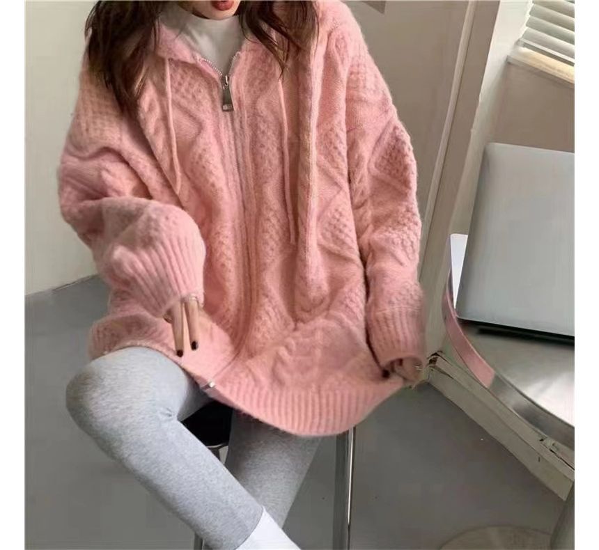 aistera - Effen, losse gebreide hoodie met ballonmouwen en rits