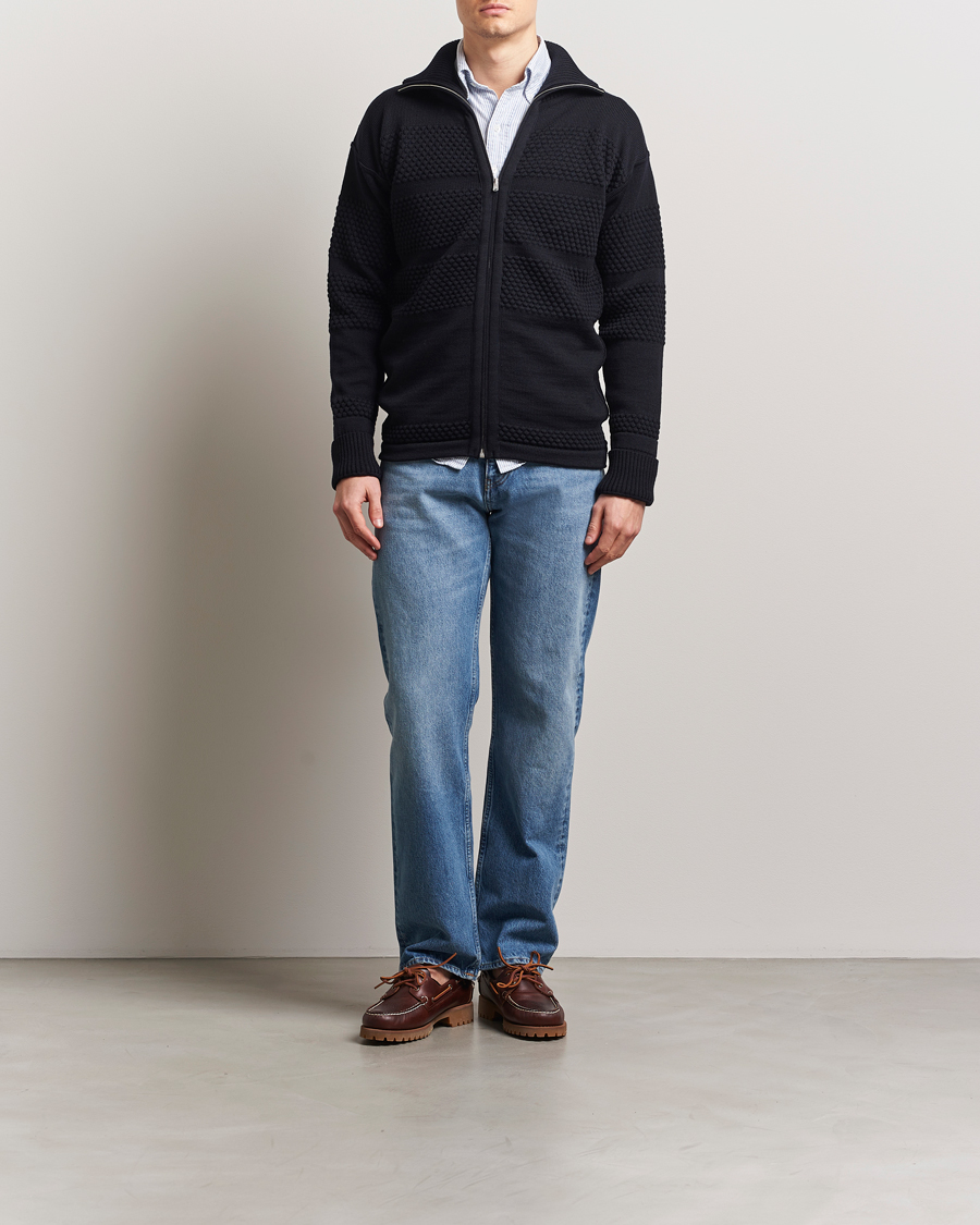 S.N.S. Herning Fisherman Wool Full Zip Sweater Navy Blue