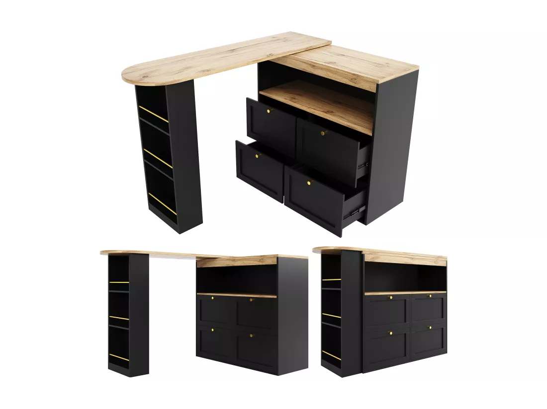 Meuble de bar pivotant - 4 tiroirs, 3 étagères de rangement & niche - MDF plateau effet bois - 138 cm/105x39x102 cm - Noir