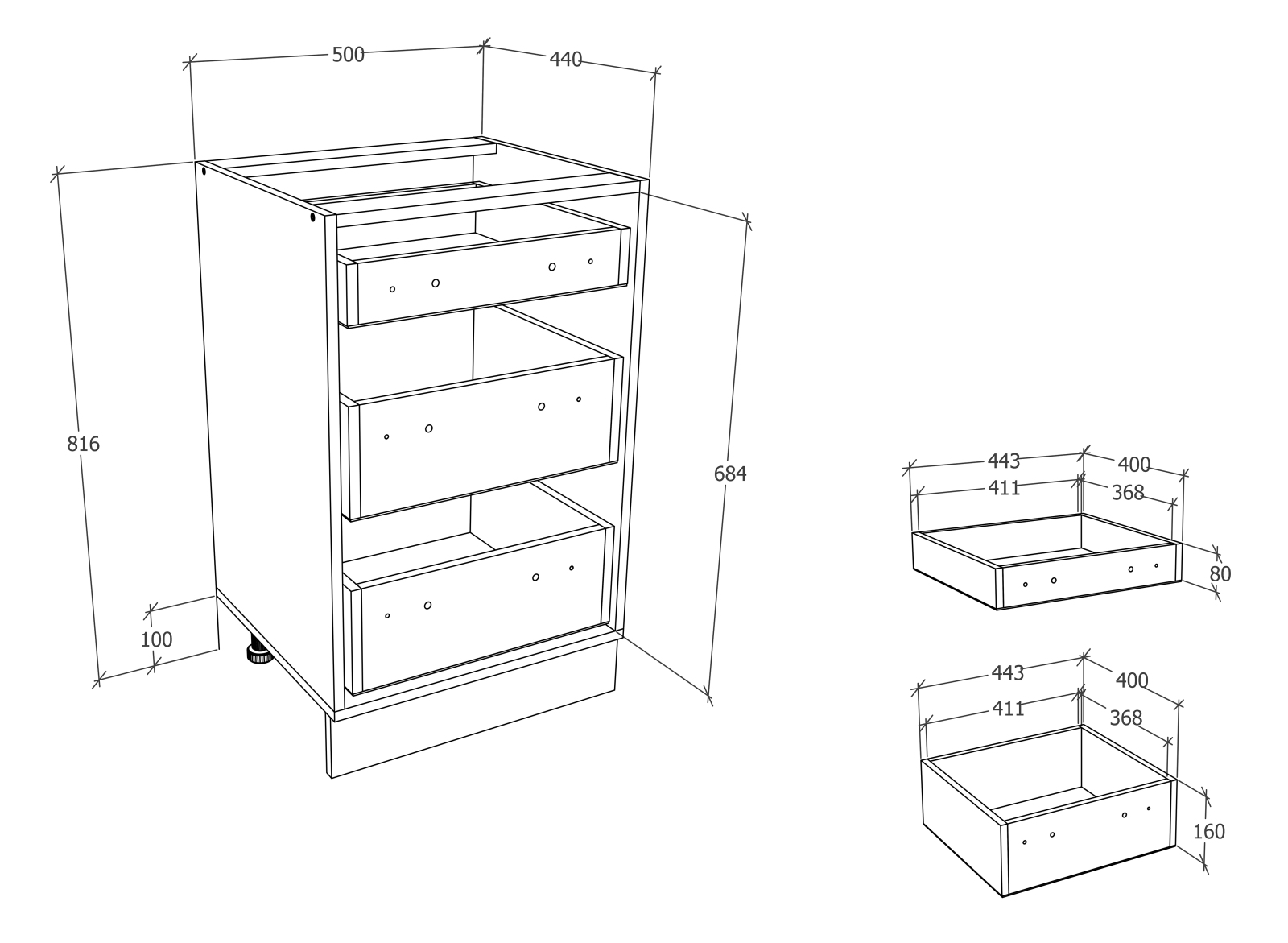 Unterschrank ESILO - weiß - anthrazit - 3 Schubkästen - 50 cm