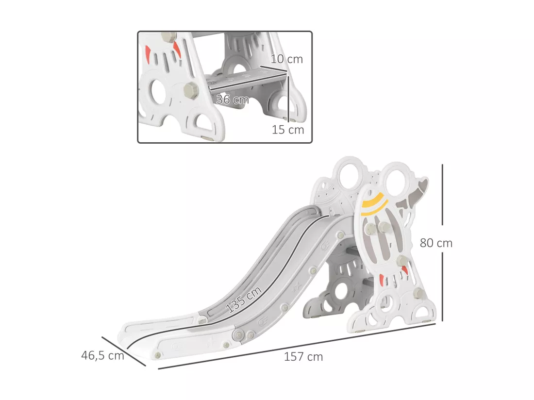 Toboggan enfant 18-36 mois design fusée - usage intérieur - dim. 157L x 46,5l x 80H cm - PE gris blanc