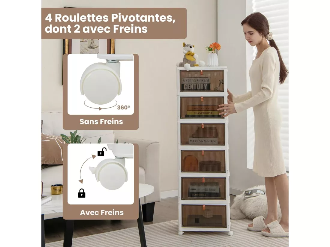 Boîte Rangement Plastique 90L, 6 Caisses de Rangement Pliables avec 4 Roulettes et Couvercles, Boite Empilable pour Chaussures, Jouets, Caisse pour Chambre, Salon, Cuisine (90L)