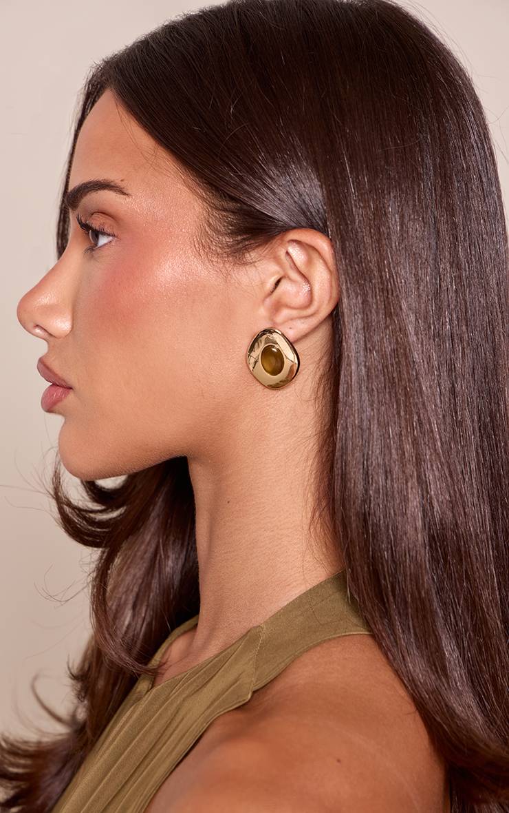 Doré Boucles D'oreilles Clous Abstraites En Résine Olive