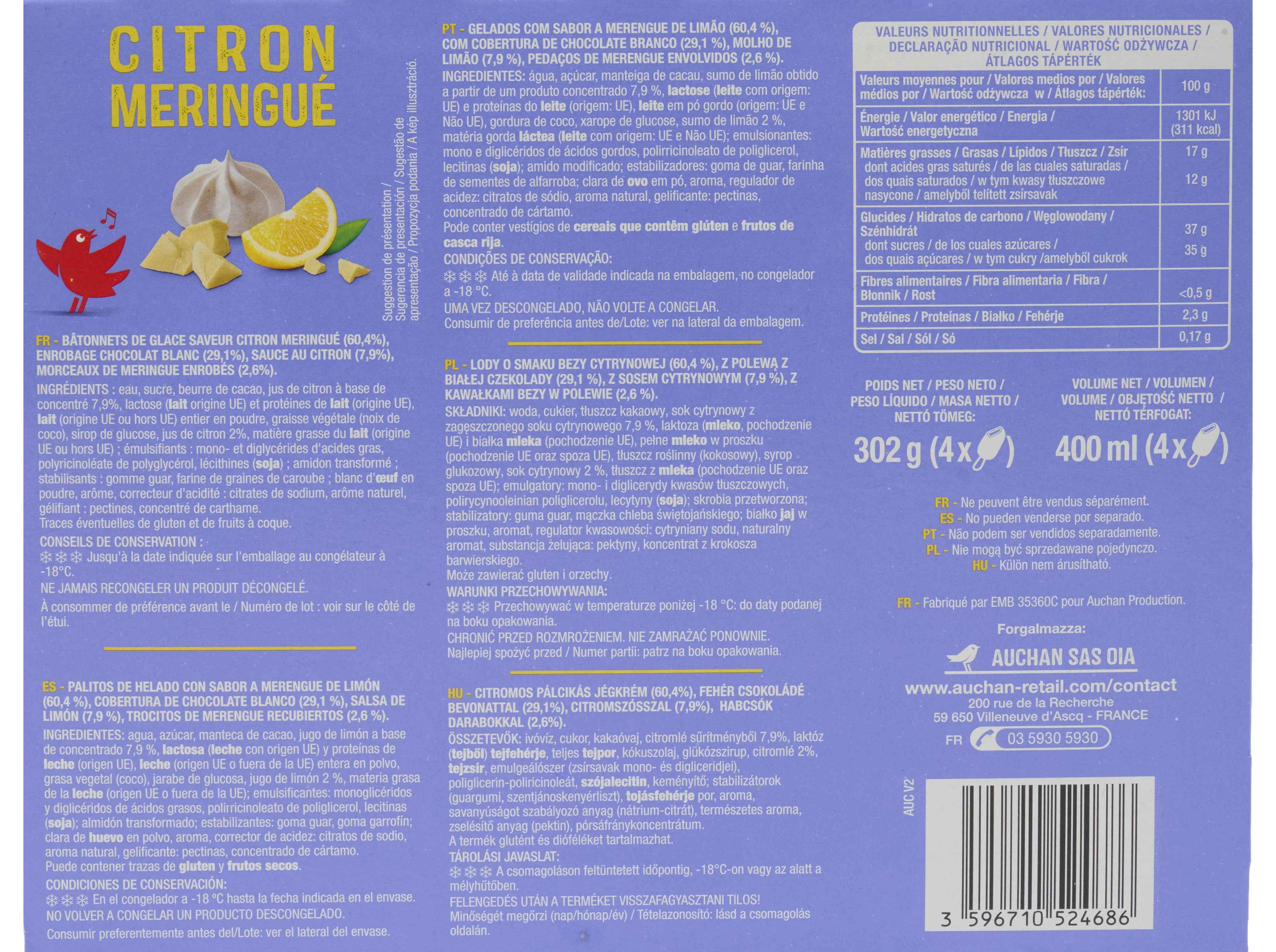 GELADO PALITO AUCHAN LIMÃO MERENGUE 4X100ML