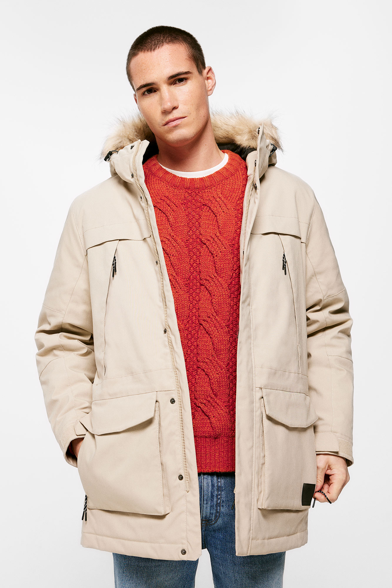 Parka técnica acolchoada em pele