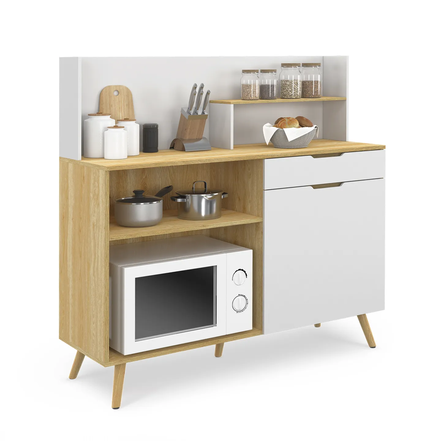 Buffet bas de cuisine 120 CM OLAF plan de travail H.83 cm 1 porte + 1 tiroir façon hêtre et blanc