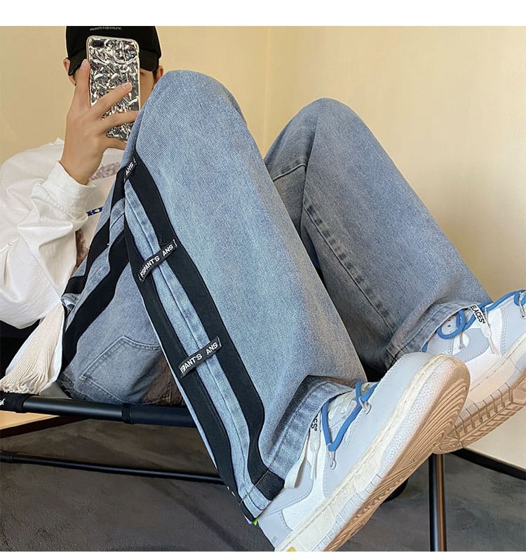 Cowpow - Mid Rise Lettering Striped Washed Wide Leg Jeans