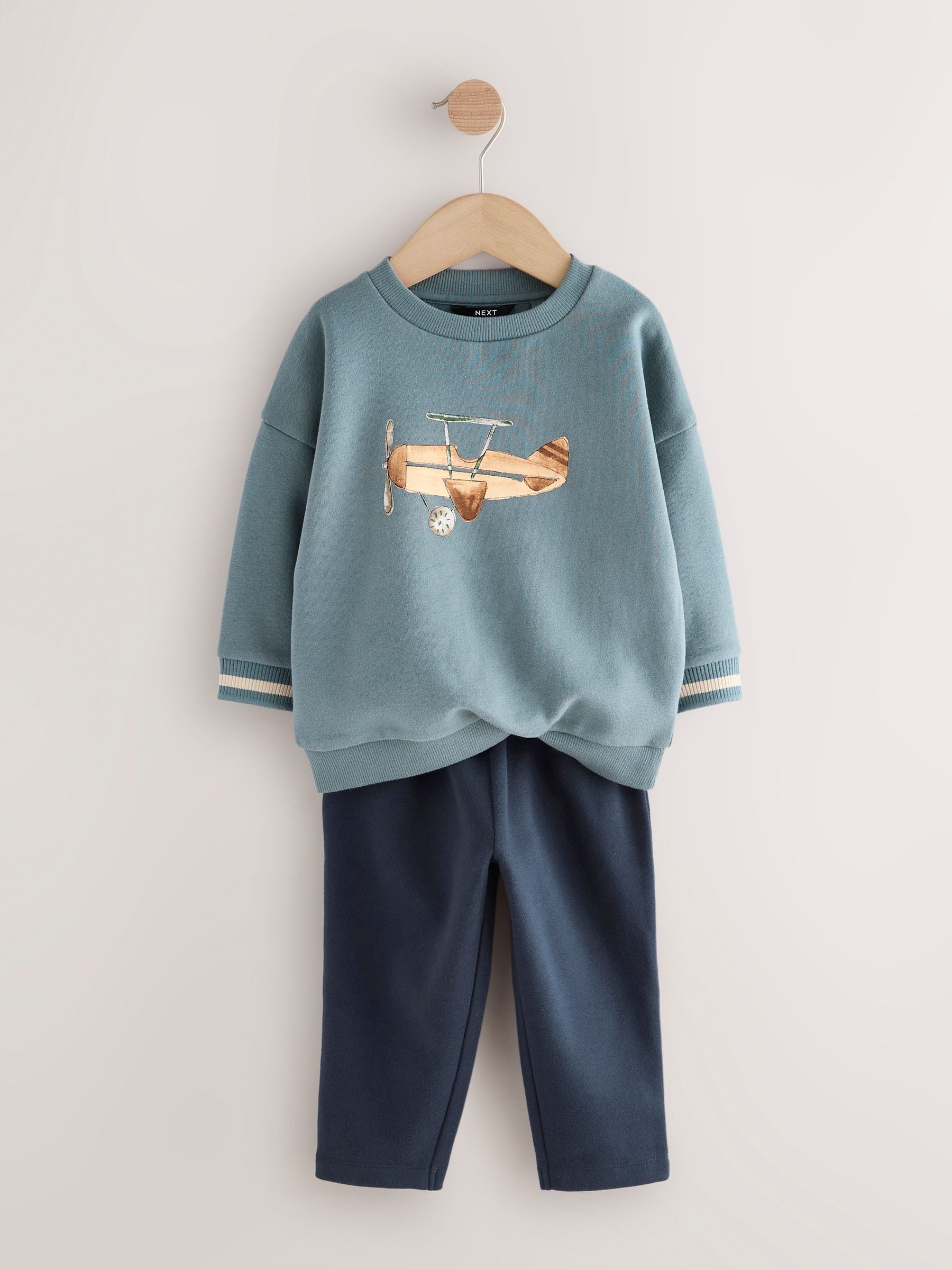 Blauw met vliegtuig - Set met sweatshirt en joggingbroek (3mnd -7jr)