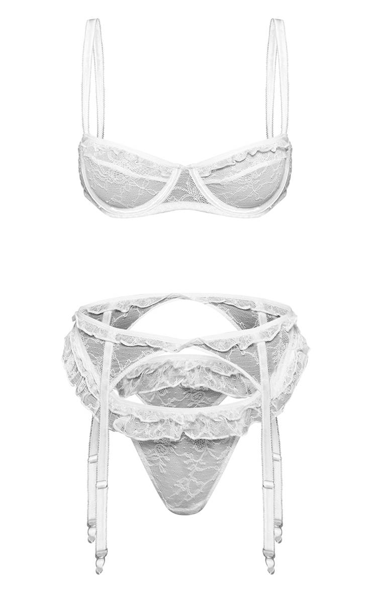 Blanc Ensemble Soutien-gorge Porte-jarretelles À Bonnets Froncés Avec Détails À Volants