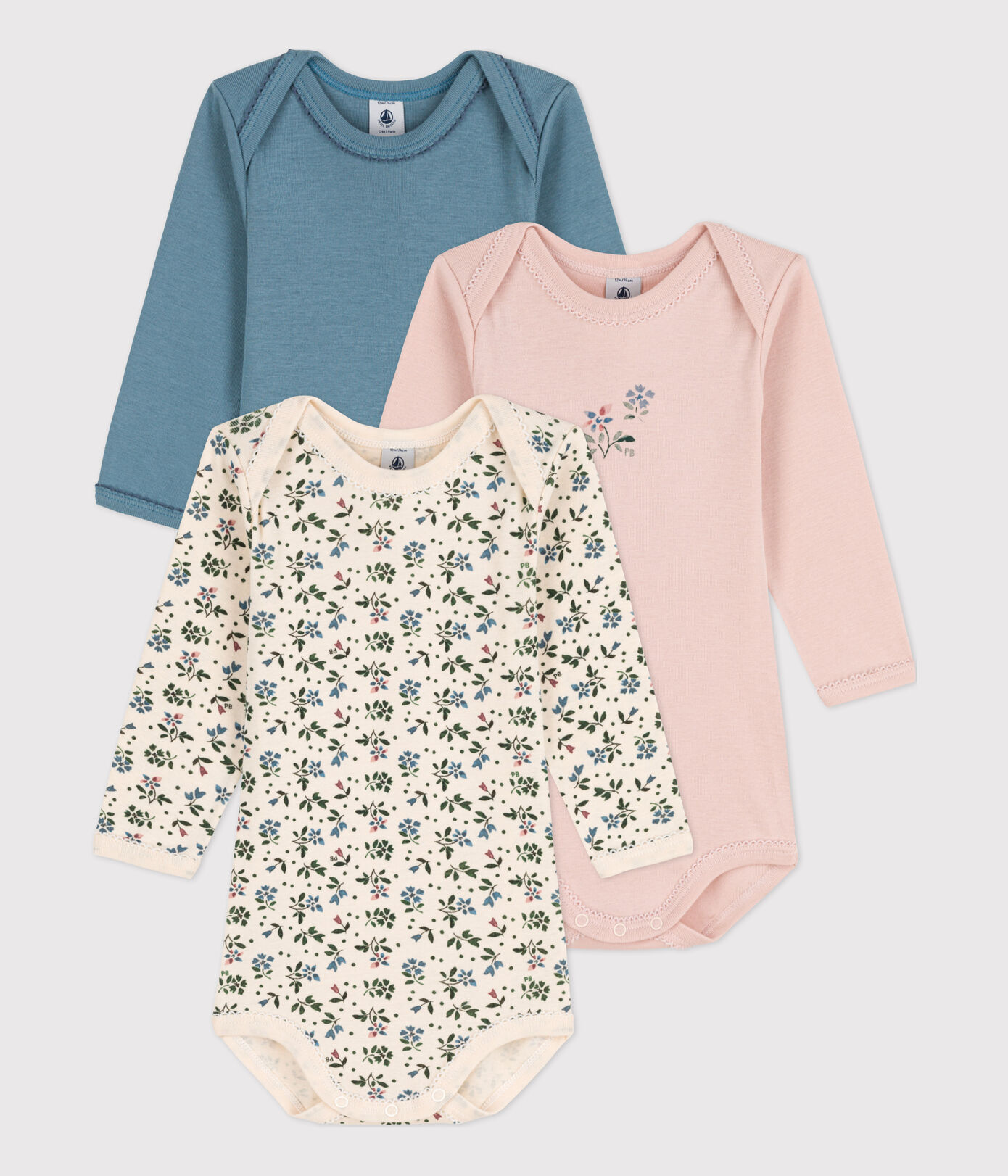 Lot de 3 bodies manches longues fleur bébé en coton