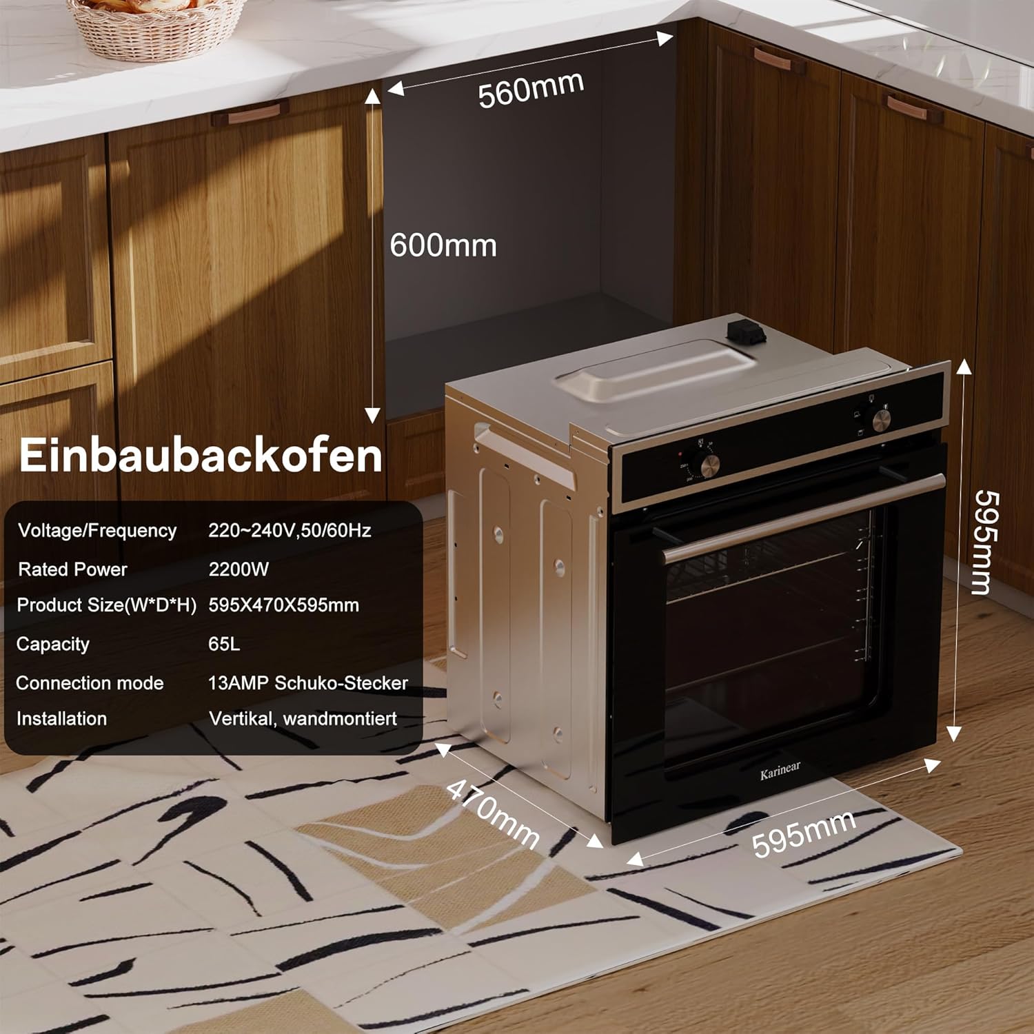 Karinear Einbaubackofen 60 cm mit Drehknopfsteuerung, Backofen Einbaugerät 60 x 60 cm mit 4 Programmen, 50-250 °C mit Gehärtete Glasplatte, Einbauofen mit Stecker, 2200W, 65L