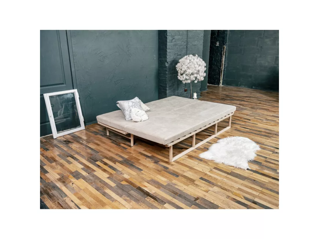 Canapé Lit Convertible Design en Tissu Beige et Bois Gris cendré