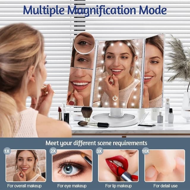 3-sidet sammenfoldelig makeup spejl, der kan dæmpes lys 22LED bordspejl