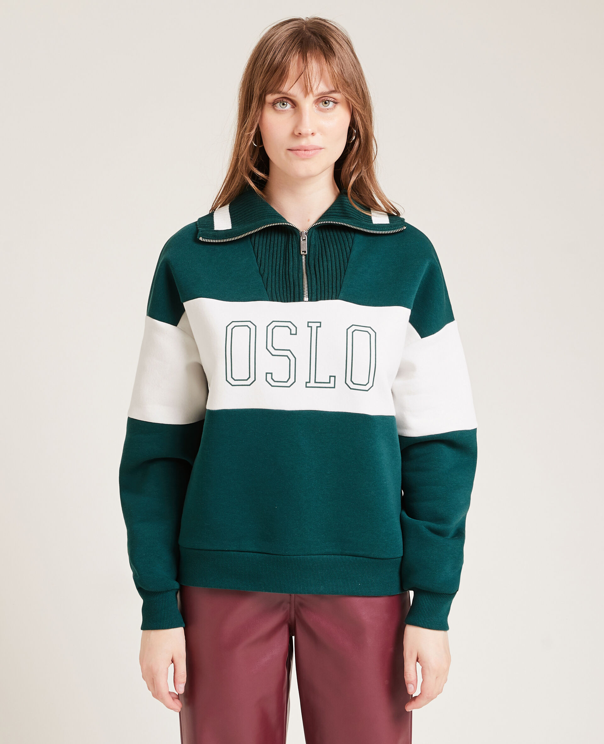 Sweat bi-matière col zippé - Vert
