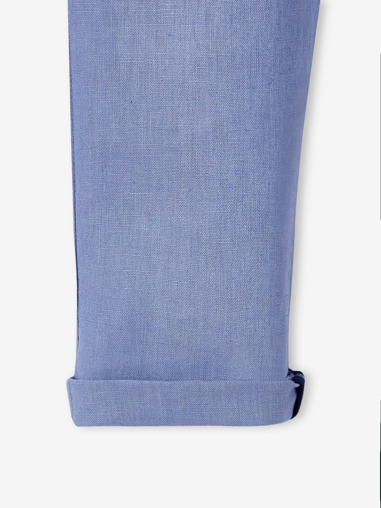 Calças chino lisas em algodão e linho bege claro para meninos, com estampas.