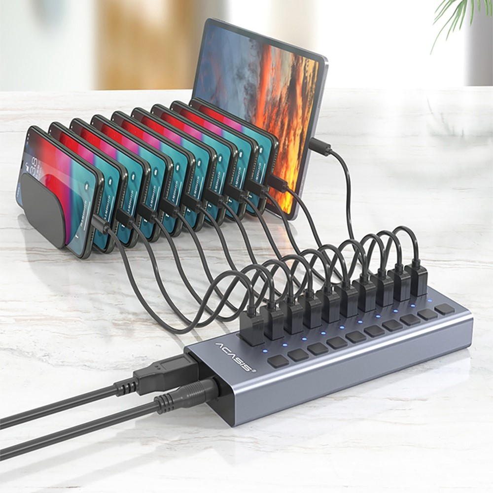 (15cm) 10-fach  Aktiver Aluminium USB 3.0 Hub Steuerung Tastenschalter 5GB/s   Netzteil (12V/4A) - Grau
