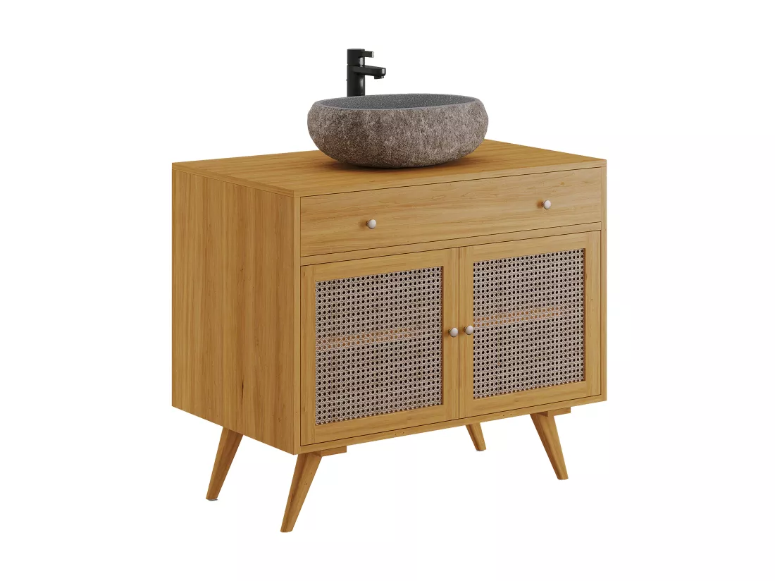 Meuble de salle de bain en teck clair et cannage avec vasque en pierre - 90 cm - MANSULAN