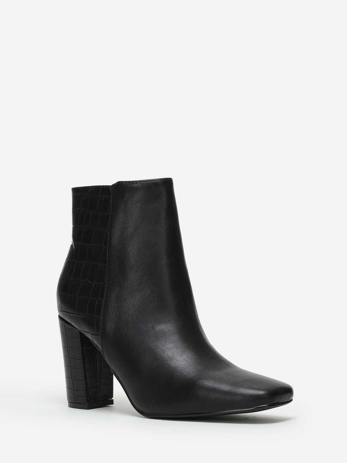 Bottines bi-matières à talon et bout carré- Noir