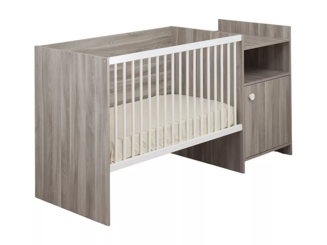Lit bébé combiné 120x60 évolutif en 90x190 en décor bois avec commode à langer 1 porte